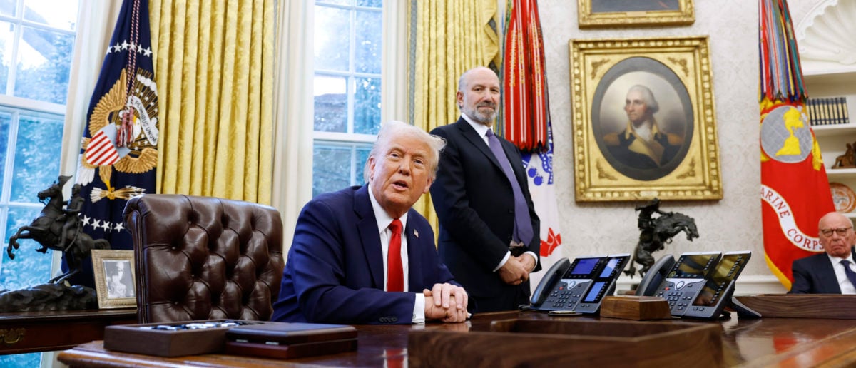 WASHINGTON, DC - FEBRUARY 03- U.S. President Donald Trump, alongside Howard Lutnick, his nominee for Commerce Secretary, speaks to reporters in the Oval Office of the White House on February 03, 2025 in Washington, DC. (Photo by Anna Moneymaker/Getty Images)