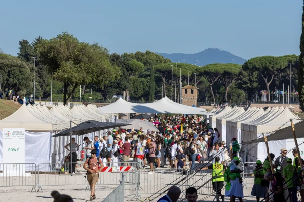 Booths stand near the Circus Maximus during a reconciliation event in Rome, Friday, Aug. 1, 2025. Credit: Daniel Ibáñez/CNA