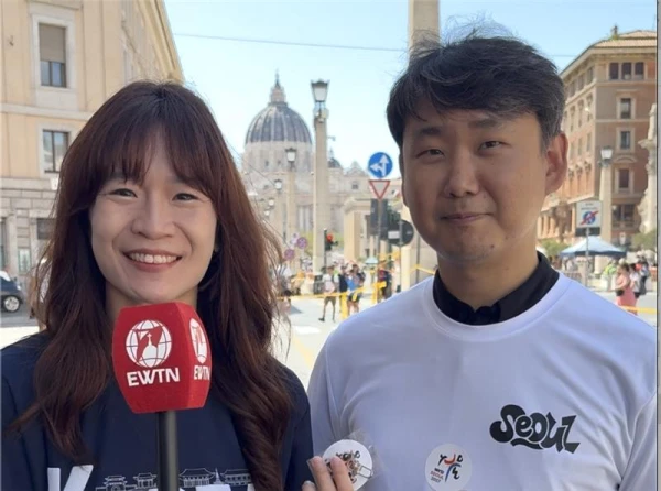 Stephany Sun and Father Domenico Lee from the Archdiocese of Seoul communications office speak to CNA about World Youth Day 2027 in South Korea to be held Aug. 3–8, 2027. Credit: Courtney Mares/CNA