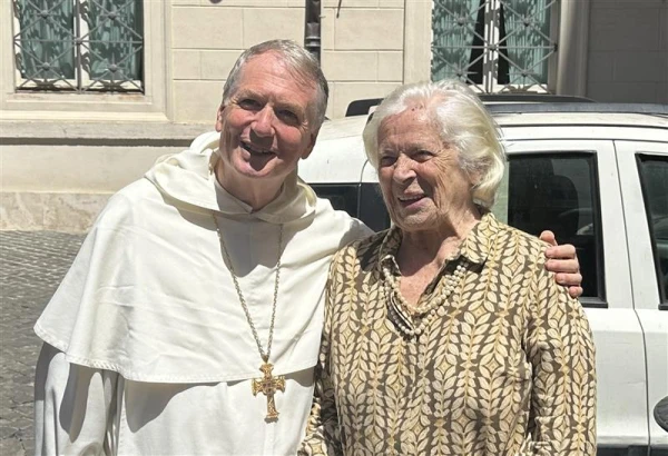 Archbishop Anthony Fisher is pictured with a 96-year-old Wanda Gawronska, Blessed Pier Giorgio Frassati's niece, on Aug. 4, 2025. Frassati will be canonized a saint in early September in Rome. Credit: Courtney Mares/CNA