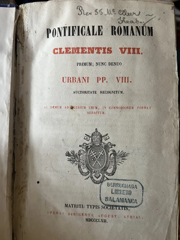 Title page of a book from the Irish College Library in the possession of Father James Passmore at the time of evacuation. He was unable to return the book given the nature of his departure. Credit: Photo courtesy of Patrick J. Passmore