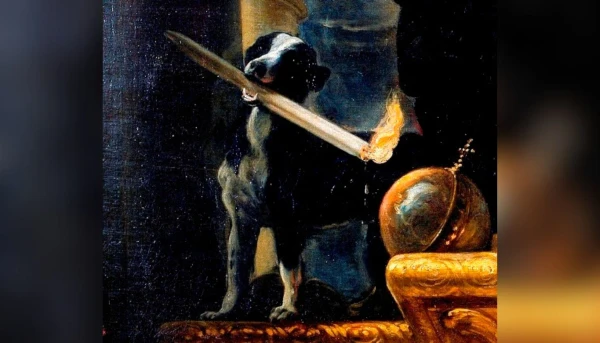 The “Domini Canis” (Latin: “Dog of the Lord”) of St. Dominic, depicting a dog holding in its mouth a lit torch. A depiction of the vision of St. Jane of Aza, St. Dominic’s mother, as recounted in the Libellus of Jordan of Saxony (d. 1237), St. Dominic’s first biographer and successor: Before his mother conceived him, she saw in a vision that she would bear in her womb a dog who, with a burning torch in his mouth and leaping from her womb, seemed to set the whole earth on fire (“Domini Canis,” detail from “Santo Domingo de Guzmán” by Claudio Coello, circa 1685). Credit: Claudio Coello, Public domain, via Wikimedia Commons