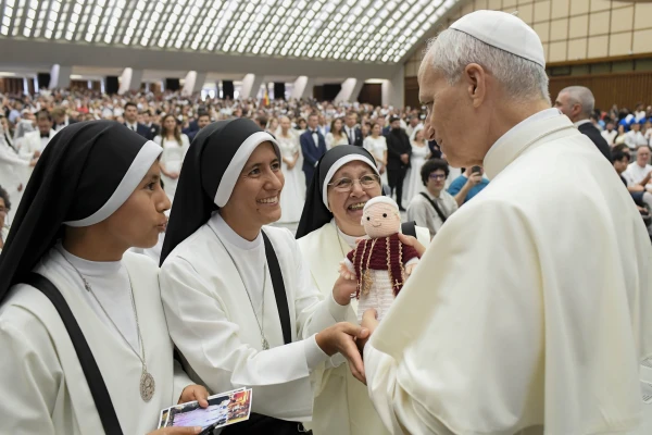 Pope Leo XIV greets a group of nuns during his Wednesday general audience on Aug. 13, 2025, in the Paul VI Audience Hall at the Vatican. Credit: Vatican Media