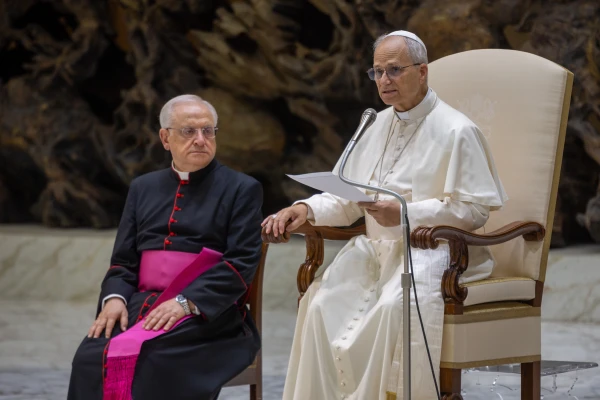 Pope Leo XIV addresses pilgrims gathered in the Paul XI Audience Hall at the Vatican for his Wednesday general audience on Aug. 13, 2025. Credit: Daniel Ibañez/CNA