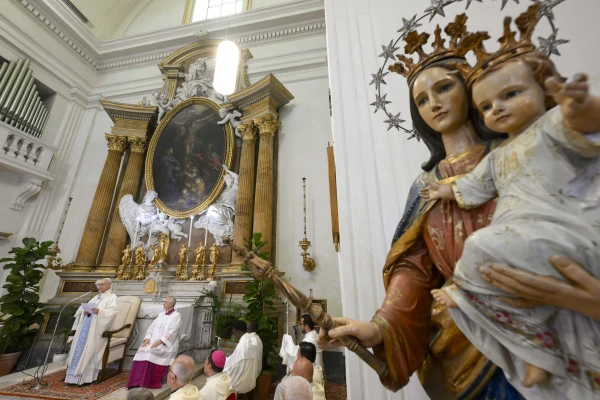 Pope Leo XIV celebrates the Mass of the Assumption of the Blessed Virgin Mary at the Church of St. Thomas of Villanova in Castel Gandolfo, Friday, Aug. 15, 2025. Credit: Vatican Media