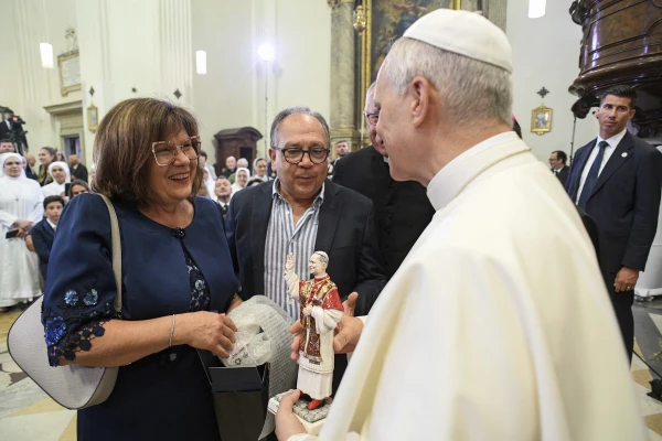 Pope Leo XIV greets attendees at the Mass of the Assumption of the Blessed Virgin Mary at the Church of St. Thomas of Villanova in Castel Gandolfo, Friday, Aug. 15, 2025. Credit: Vatican Media