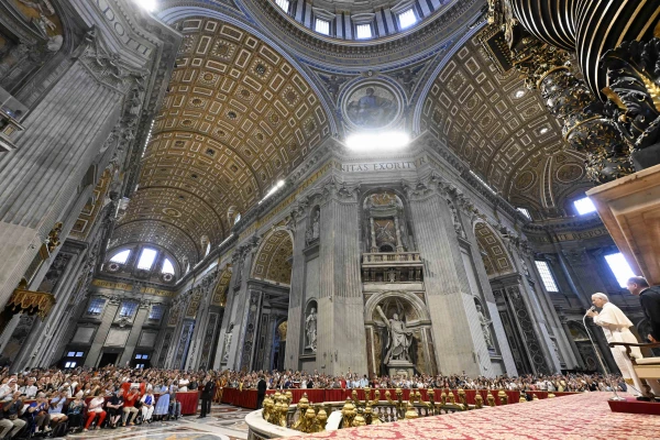 Pope Leo XIV addresses pilgrims in St. Peter’s Basilica during the general audience on Wednesday, Aug. 20, 2025, at the Vatican. Credit: Vatican Media