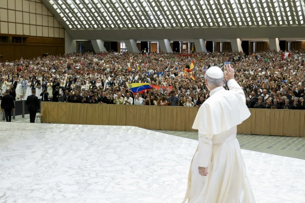 Pope Leo XIV greets pilgrims in the Paul VI Audience Hall during the general audience on Wednesday, Aug. 20, 2025, at the Vatican. Credit: Vatican Media