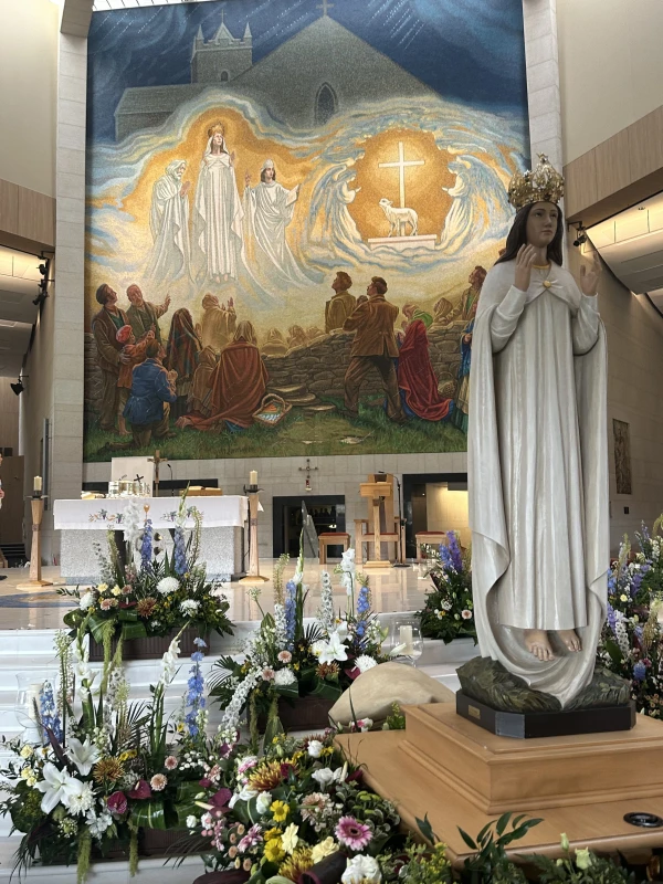 Marian statuary stands before the altar at Knock Shrine in Knock, Ireland, Friday, Aug. 15, 2025. Credit: Courtney Mares/CNA