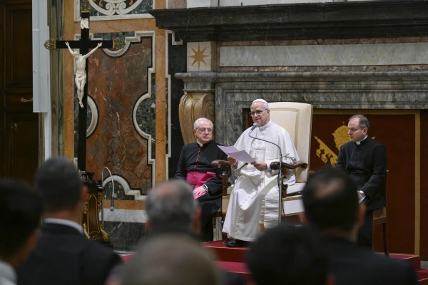 Pope Leo XIV addresses the International Catholic Legislators Network at the Vatican, Saturday, Aug. 23, 2025. Credit: Vatican Media