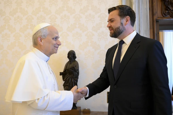 Pope Leo XIV shakes hands with U.S. Vice President JD Vance in the papal library. The two had a private encounter before they were joined by U.S. Secretary of State Marco Rubio on May 19, 2025. Credit: Vatican Media