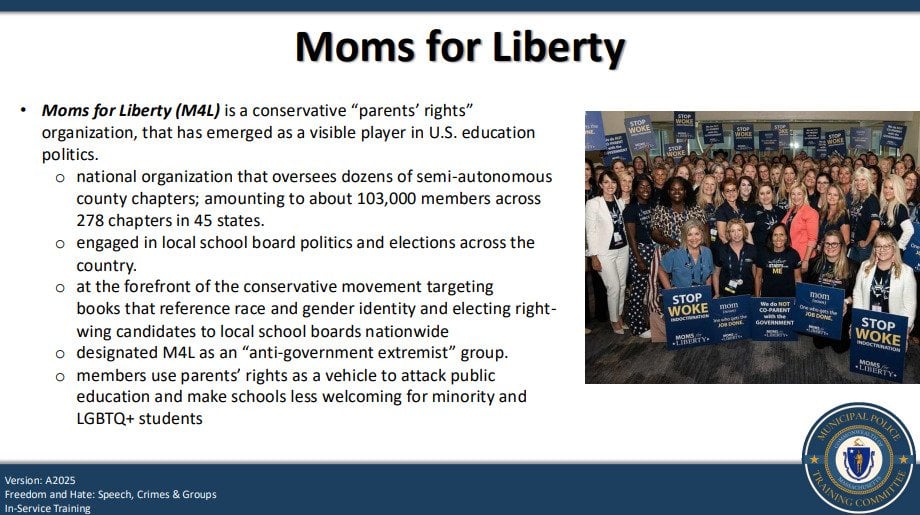 Parental rights group Moms for Liberty is listed in a Massachusetts police training on 