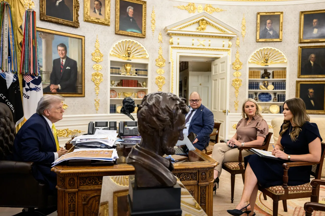 President Donald Trump sits for an interview with Daily Caller journalist Reagan Reese, alongside Communications Director Steven Cheung and Press Secretary Karoline Leavitt in the Oval Office, Friday, August 29, 2025. (Official White House Photo by Joyce N. Boghosian)