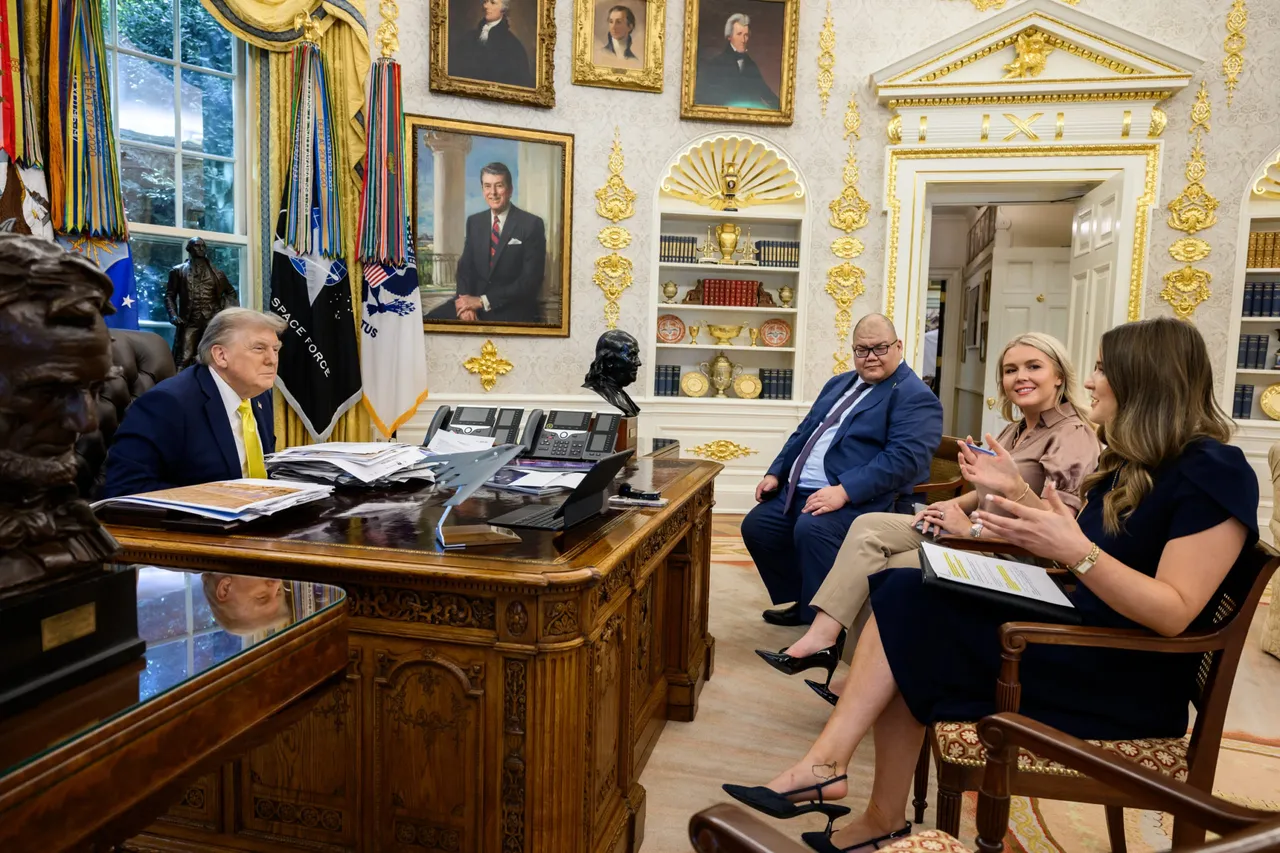 President Donald Trump sits for an interview with Daily Caller journalist Reagan Reese, alongside Communications Director Steven Cheung and Press Secretary Karoline Leavitt in the Oval Office, Friday, August 29, 2025. (Official White House Photo by Joyce N. Boghosian)