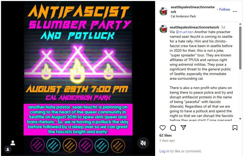 An activist group announces plans to disrupt a Christian event in Seattle, Washington, scheduled for August 30, 2025. (Image courtesy of Instagram/Seattle Palestine Action Network)