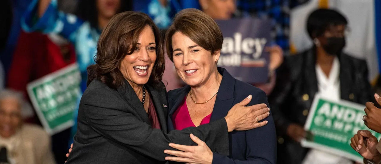 US Vice President Kamala Harris (L) embraces Massachusetts Democratic gubernatorial candidate Maura Healey after addressing a