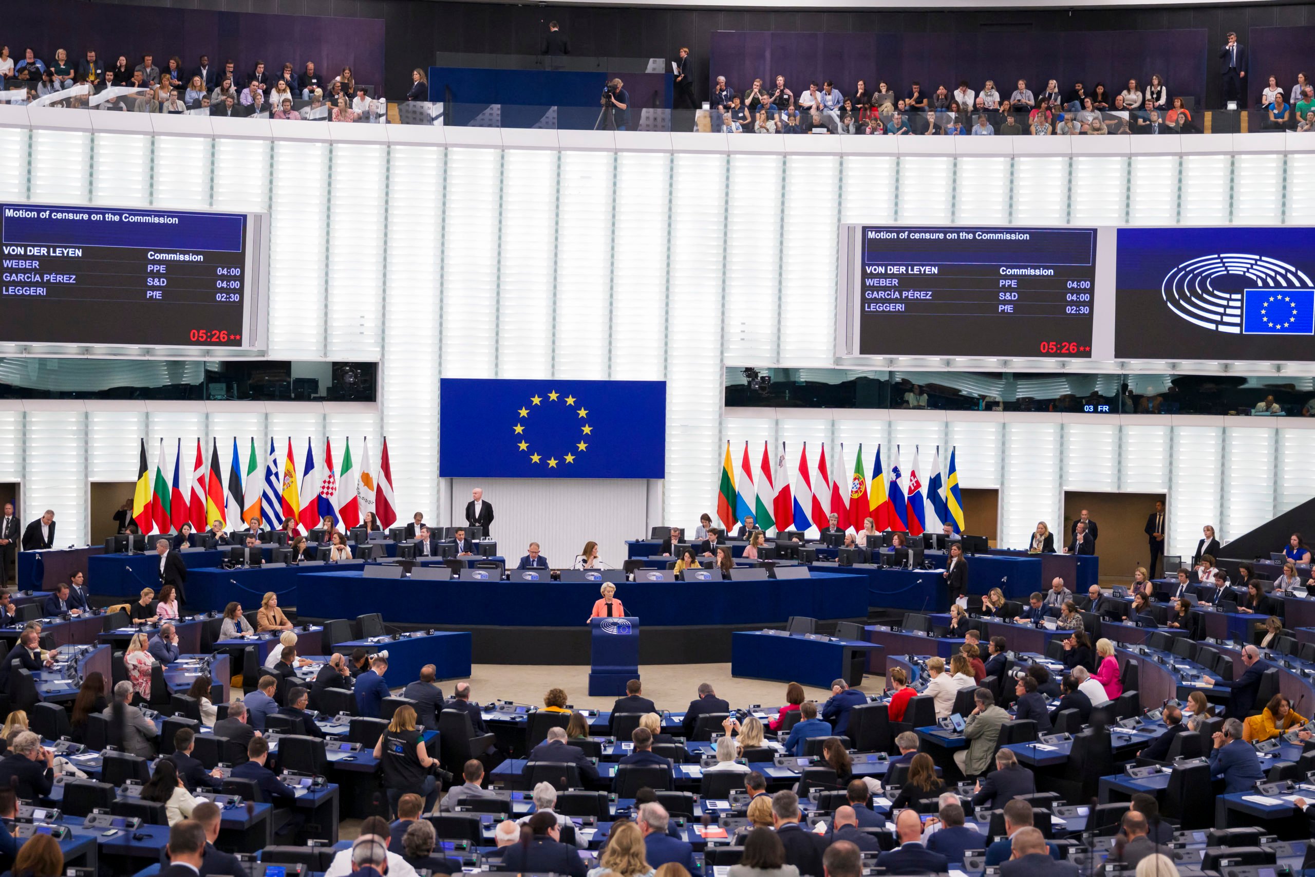 European Commission President Ursula von der Leyen gives a speech during a plenary session at the European Parliament, where a motion of censure against the European Commission is debated, in Strasbourg on July 7, 2025. (Photo by JEAN-CHRISTOPHE VERHAEGEN/AFP via Getty Images)