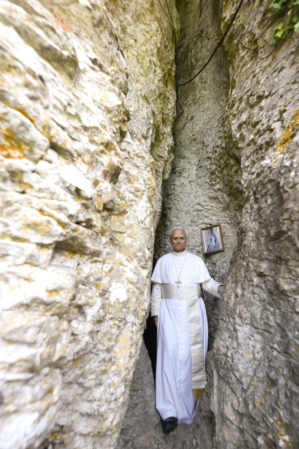 Pope Leo exits the cave at Mentorella. Credit: Francesco Sforza/Vatican Media