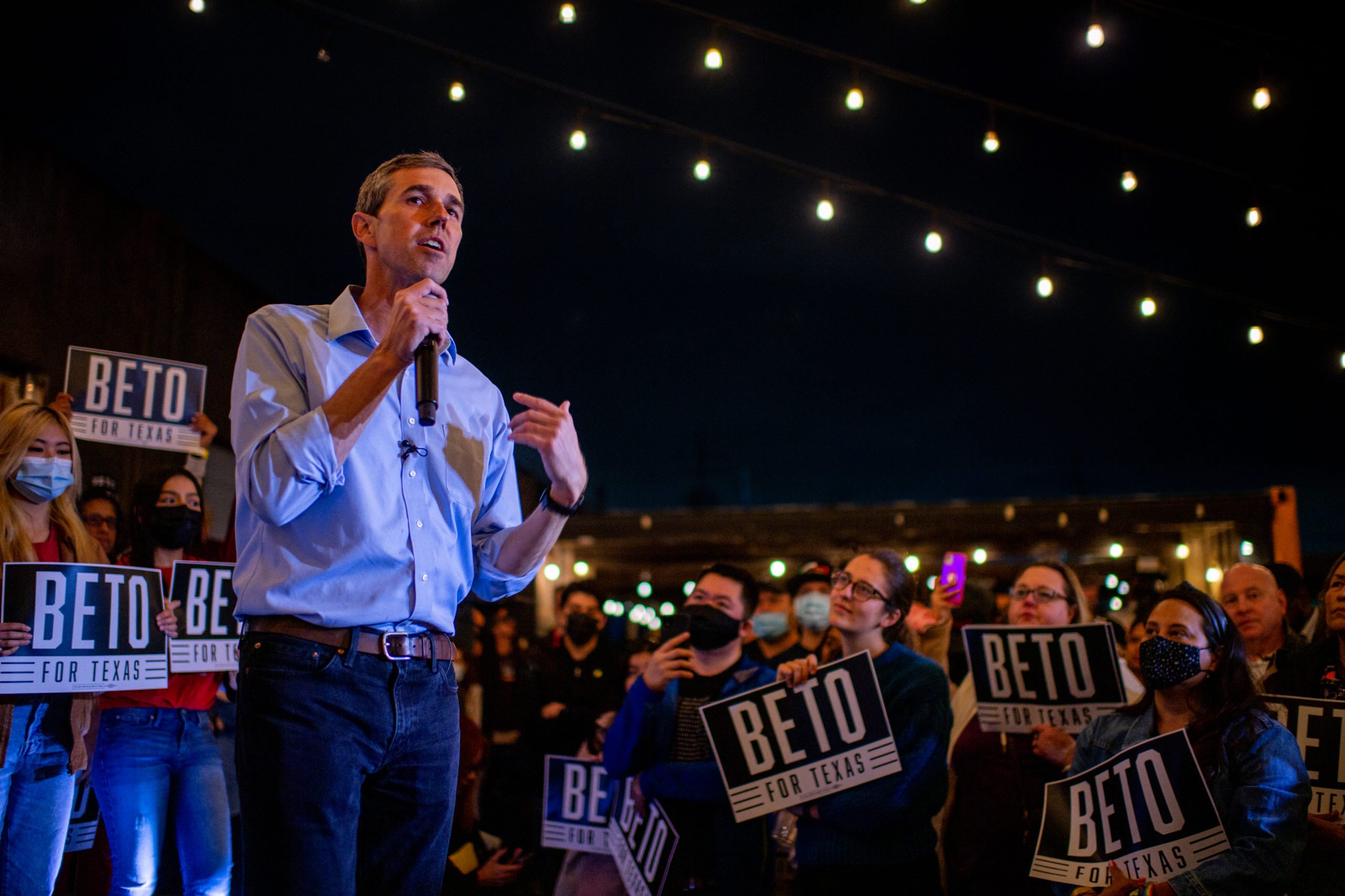 HOUSTON, TEXAS - FEBRUARY 15: Texas Democratic gubernatorial candidate Beto O'Rourke speaks during the 'Keeping the Lights On' campaign rally on February 15, 2022 in Houston, Texas. (Photo by Brandon Bell/Getty Images)