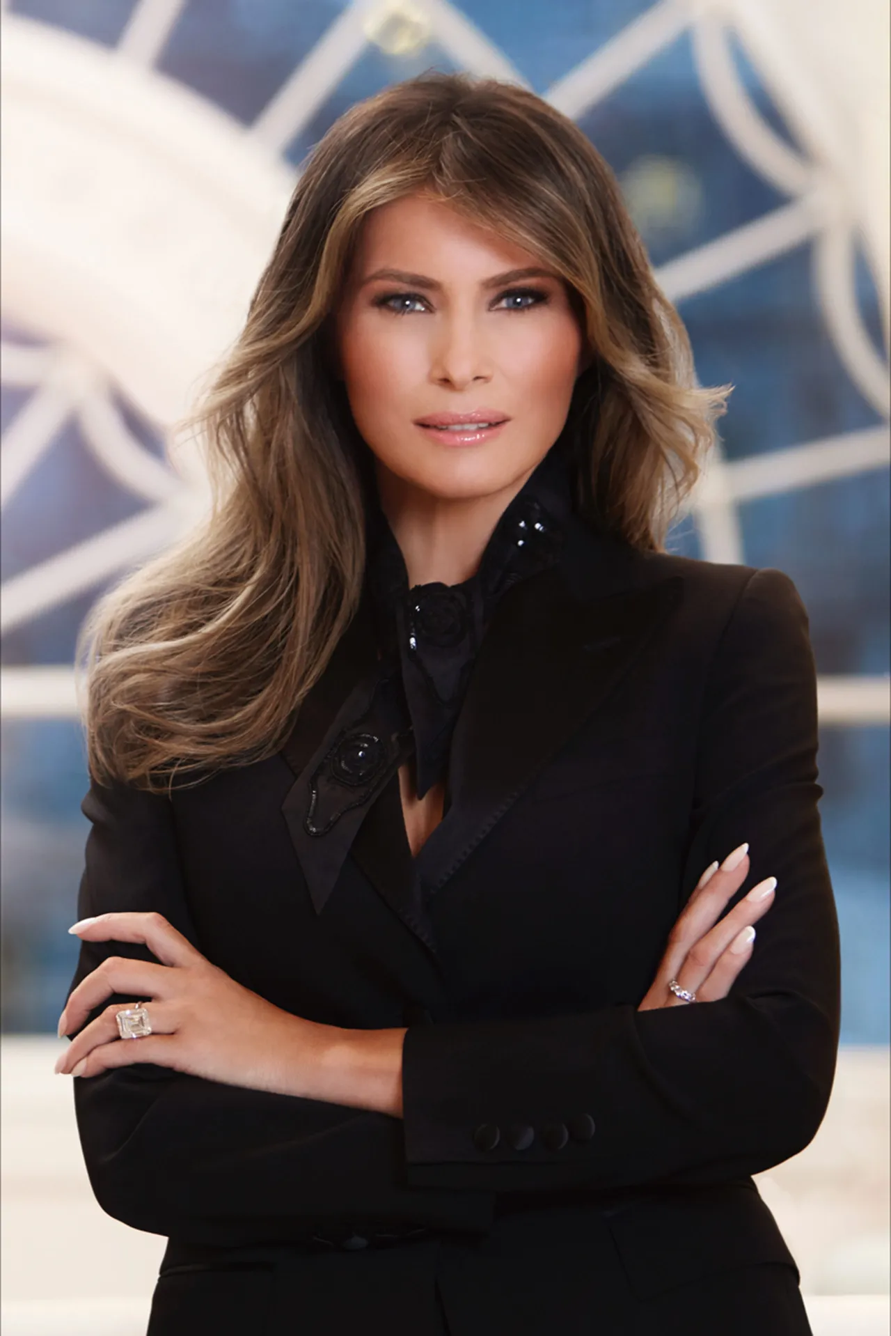 WASHINGTON, DC - APRIL 2017: In this handout image provided by the White House, First Lady Melania Trump poses for her official portrait in her residence at the White House April 2017 in Washington, DC. (Photo by The White House via Getty Images)