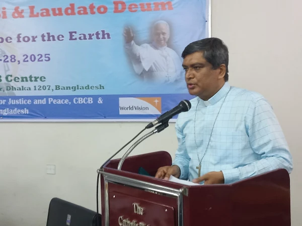Father Liton H. Gomes, secretary of the Episcopal Commission for Justice and Peace, speaks at an interfaith workshop on the protection of nature and life at the CBCB Center in Dhaka June 27-28, 2025. Father Liton H. Gomes, CSC