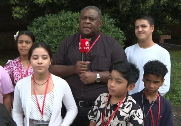 Father Epeli Qimaqima with some of the students from the parish play in Rome, Italy. 2025. Credit: EWTN News