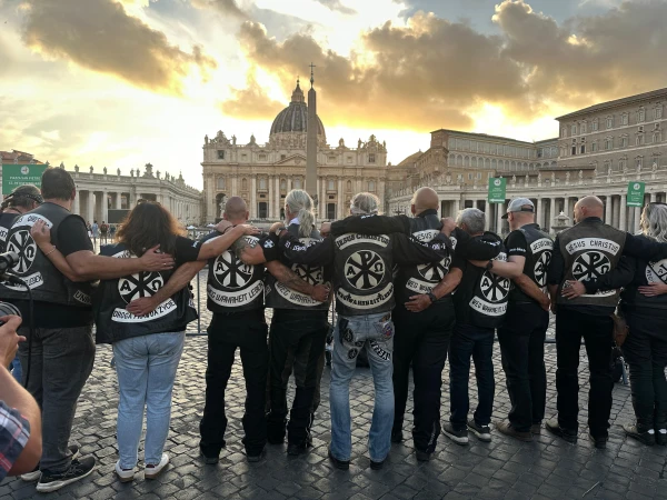 Members of the Jesus Biker Club link arms in St. Peter's Square on Tuesday, Sept. 3, 2025. Credit: Rudolf Gehrig/EWTN News