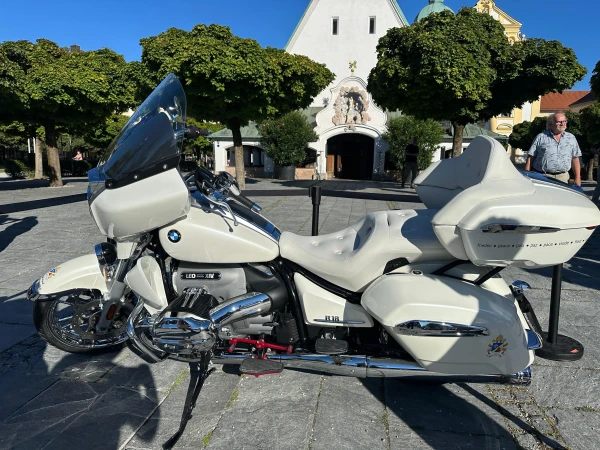 The custom BMW R 18 papal motorcycle gifted to Pope Leo XIV by the Christian Jesus Bikers is seen at St. Magdalena Church, Altötting, Germany, Sunday, Aug. 31, 2025. Credit: Rudolf Gehrig/EWTN News