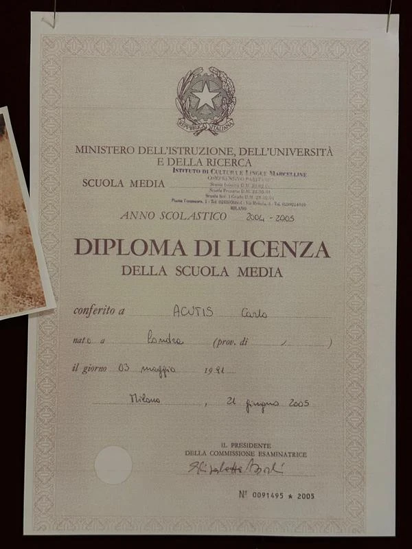 Carlo Acutis' middle school diploma from the Tommaseo Institute in Milan. Credit: Anthony Johnson/EWTN
