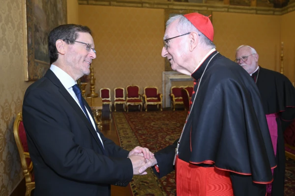 Israeli President Isaac Herzog meets with Vatican Secretary of State Cardinal Pietro Parolin and Secretary for Relations with States Archbishop Paul Gallagher (in back) on Thursday, Sept. 4, 2025. Credit: Vatican Media