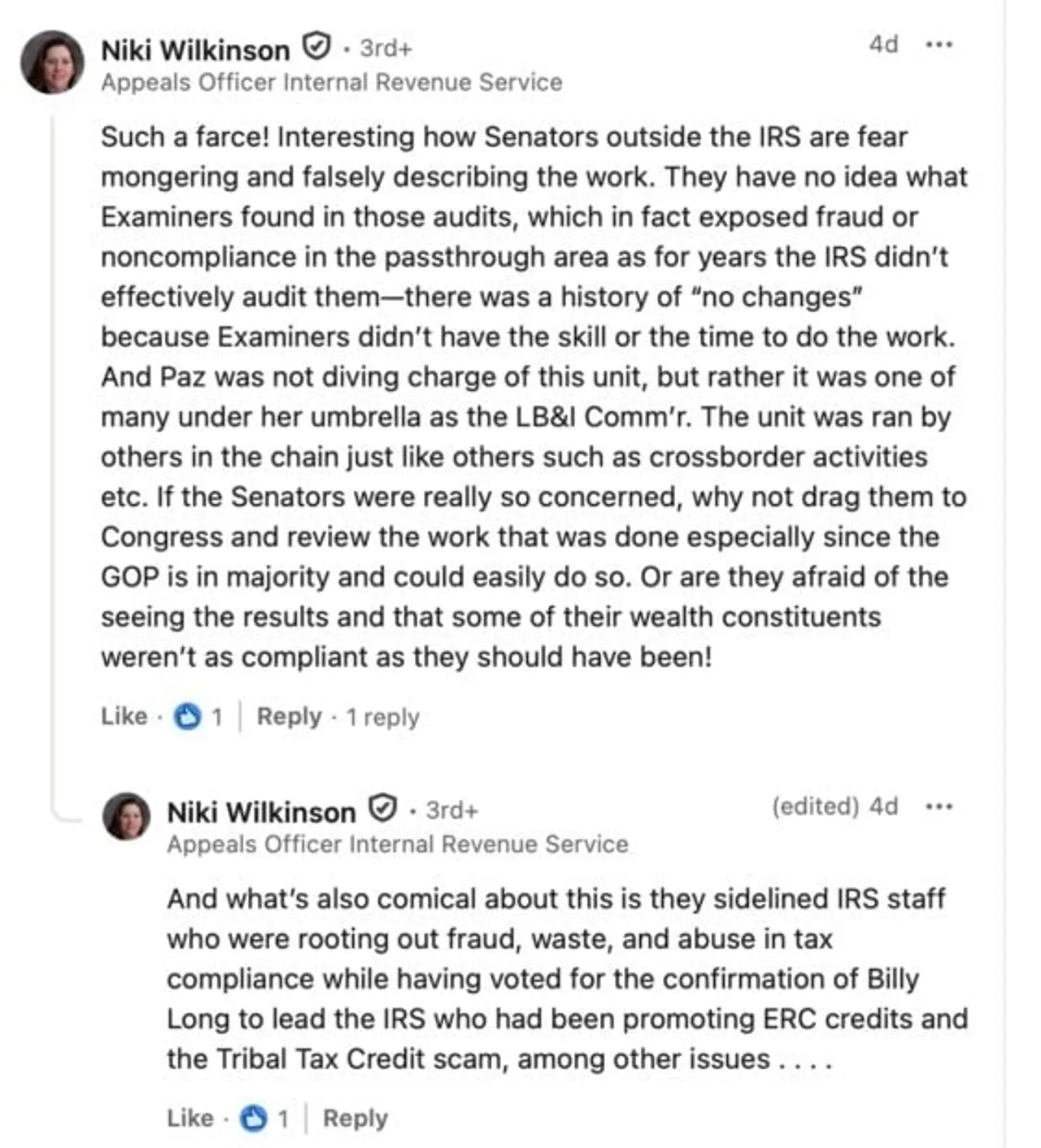 Niki Wilkinson, IRS Appeals Officer, comments on Chuck Flint’s LinkedIn post.