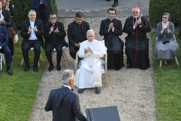 Italian singer Andrea Bocelli, who was among the guests invited to the inauguration of the Laudato Si' Village in Castel Gandolfo on Sept. 5, 2025, offers the Holy Father a song to mark the occasion. Credit: Vatican Media
