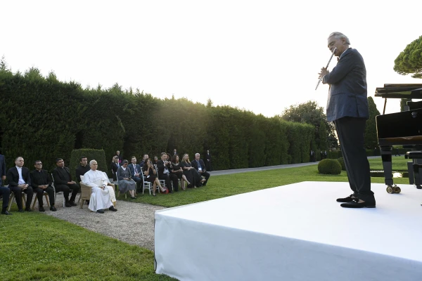 Andrea Bocelli plays the flute for Pope Leo XIV and guests on the occassion of the official inauguration of the Laudato Si' Village in Castel Gandolfo on Sept, 5, 2025. Credit: Vatican Media