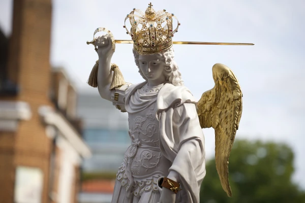 A statue of St. Michael the Archangel is seen during the March for Life UK on Sept. 6, 2025, in London. Credit: Edward Pentin/EWTN News