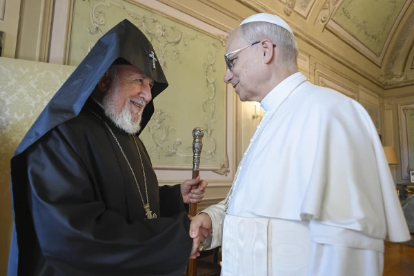 Pope Leo XIV greets Catholicos Karekin II, the patriarch of the Armenian Apostolic Church, at the papal residence in Castel Gandolfo on Tuesday, Sept. 16, 2025. Credit: Vatican Media