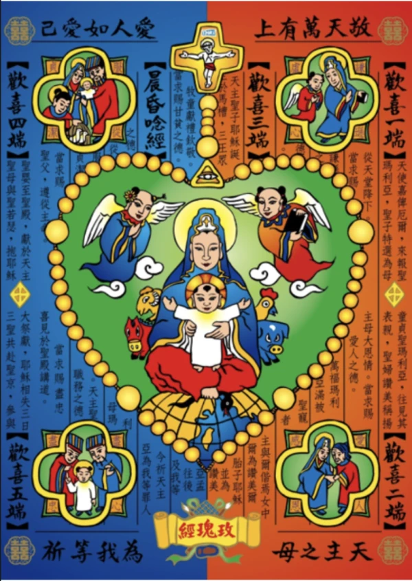Catholic artist Hsieh Sheng-Min portrays the Virgin Mary in an Eastern style surrounded by scenes from the joyful mysteries of the rosary and verses from Scripture in Chinese characters. Credit: Embassy of the Republic China to the Holy See