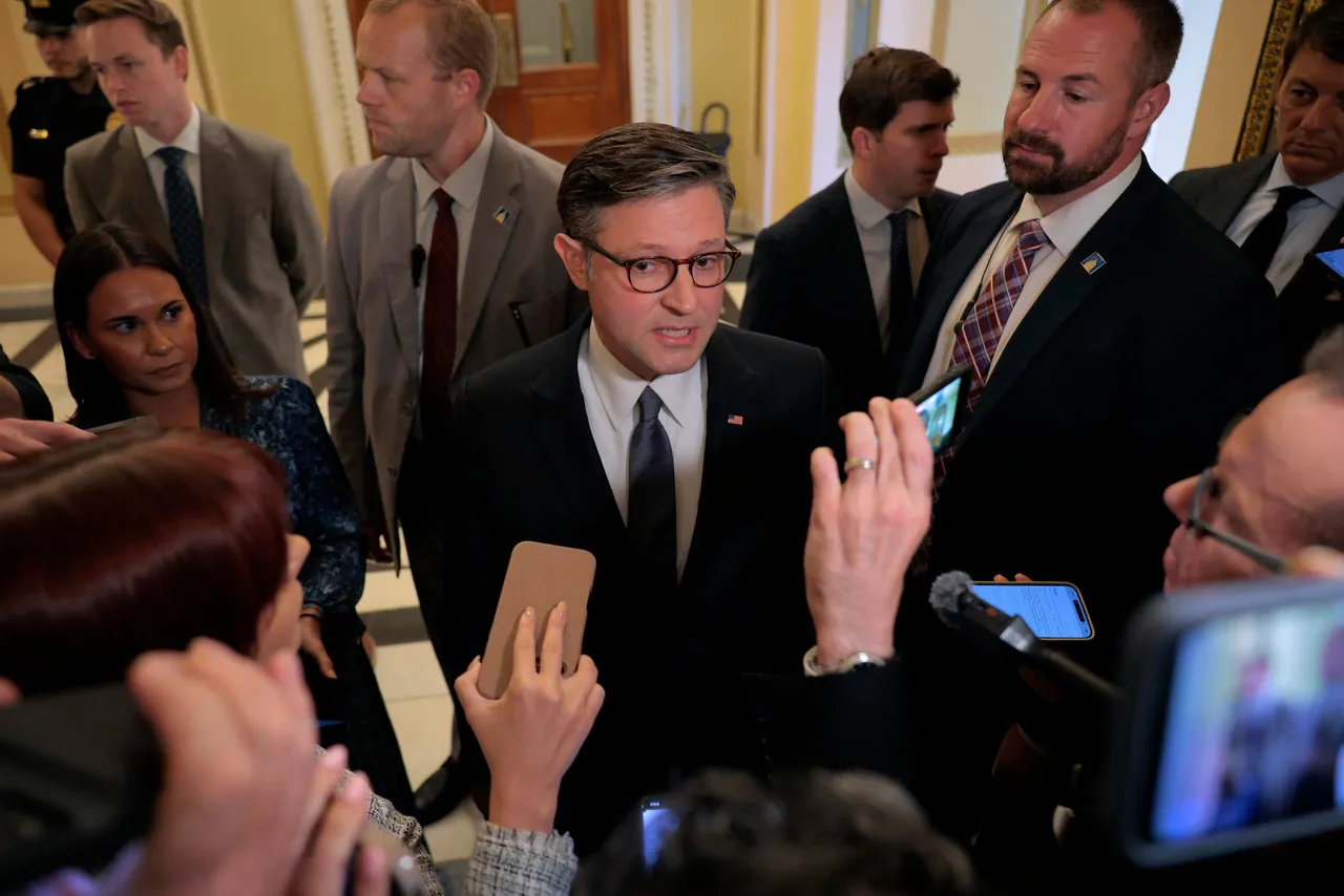 WASHINGTON, DC - SEPTEMBER 15: Speaker of the House Mike Johnson (R-LA) talks briefly with reporters at the U.S. Capitol on September 15, 2025 in Washington, DC. (Photo by Chip Somodevilla/Getty Images)
