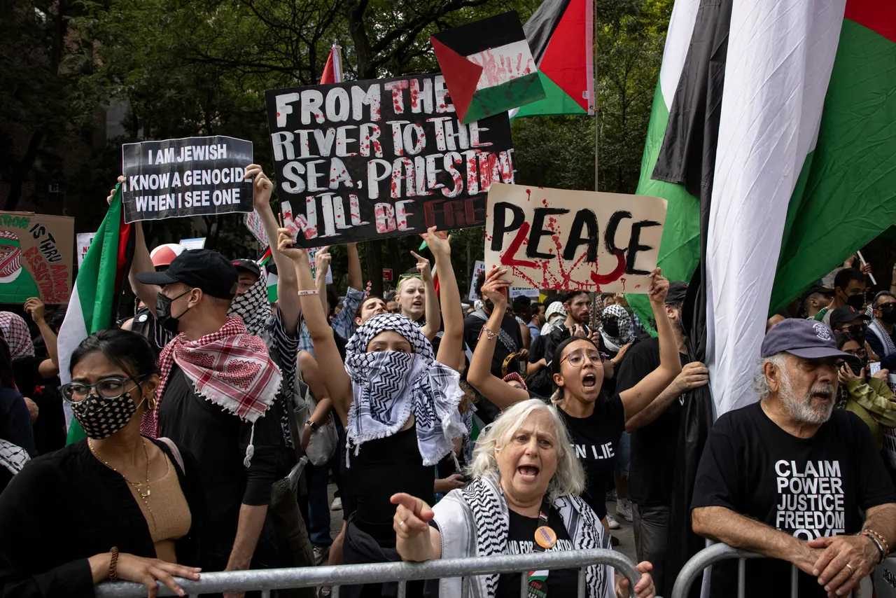 Demonstrators take part in a pro-Palestinian rally and march near the United Nations headquarters during the 80th UN General Assembly in New York City on September 23, 2025. (Photo by MEHMET ESER/Middle East Images/AFP via Getty Images)