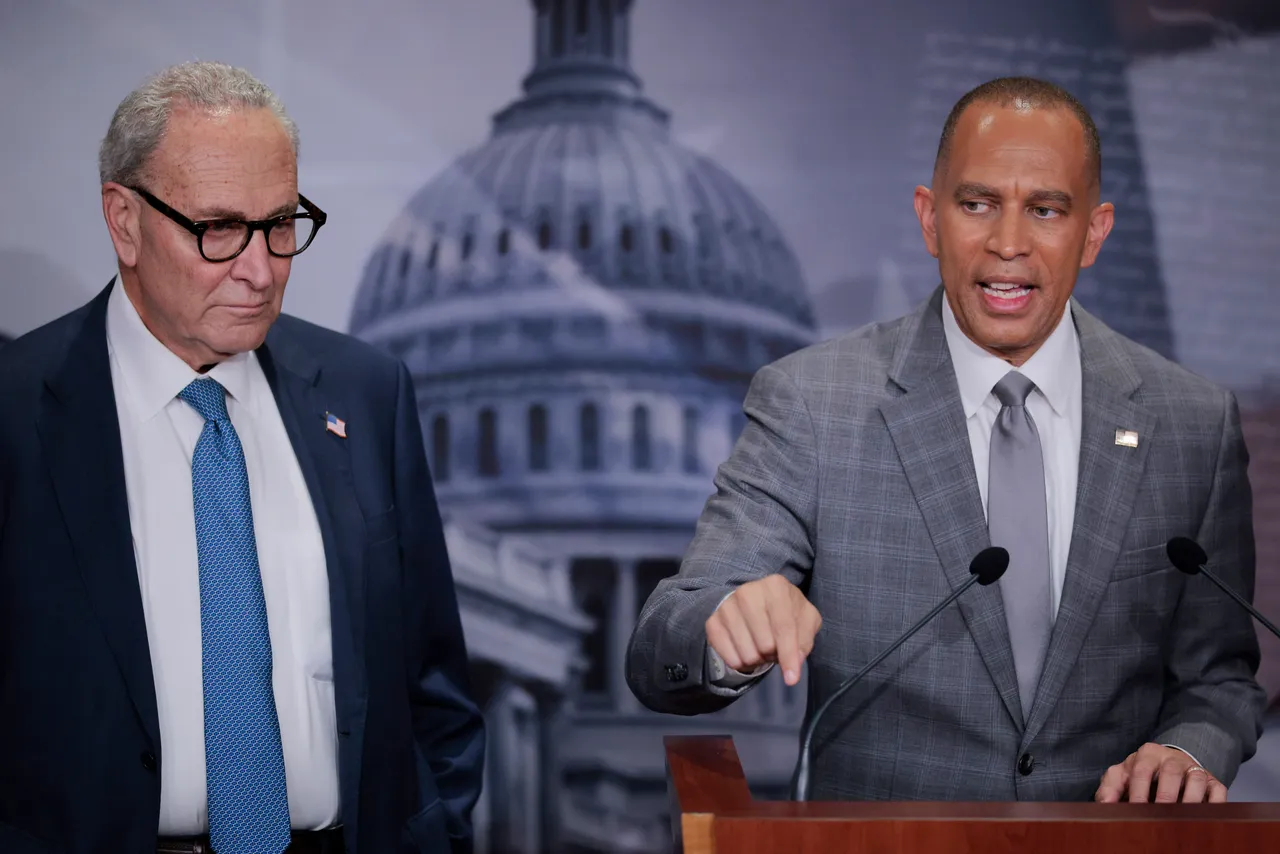 WASHINGTON, DC - SEPTEMBER 29: Senate Minority Leader Charles Schumer (D-NY) (L) and House Minority Leader Hakeem Jeffries (D-NY) talk to reporters at the U.S. Capitol on September 29, 2025 in Washington, DC. (Photo by Chip Somodevilla/Getty Images)