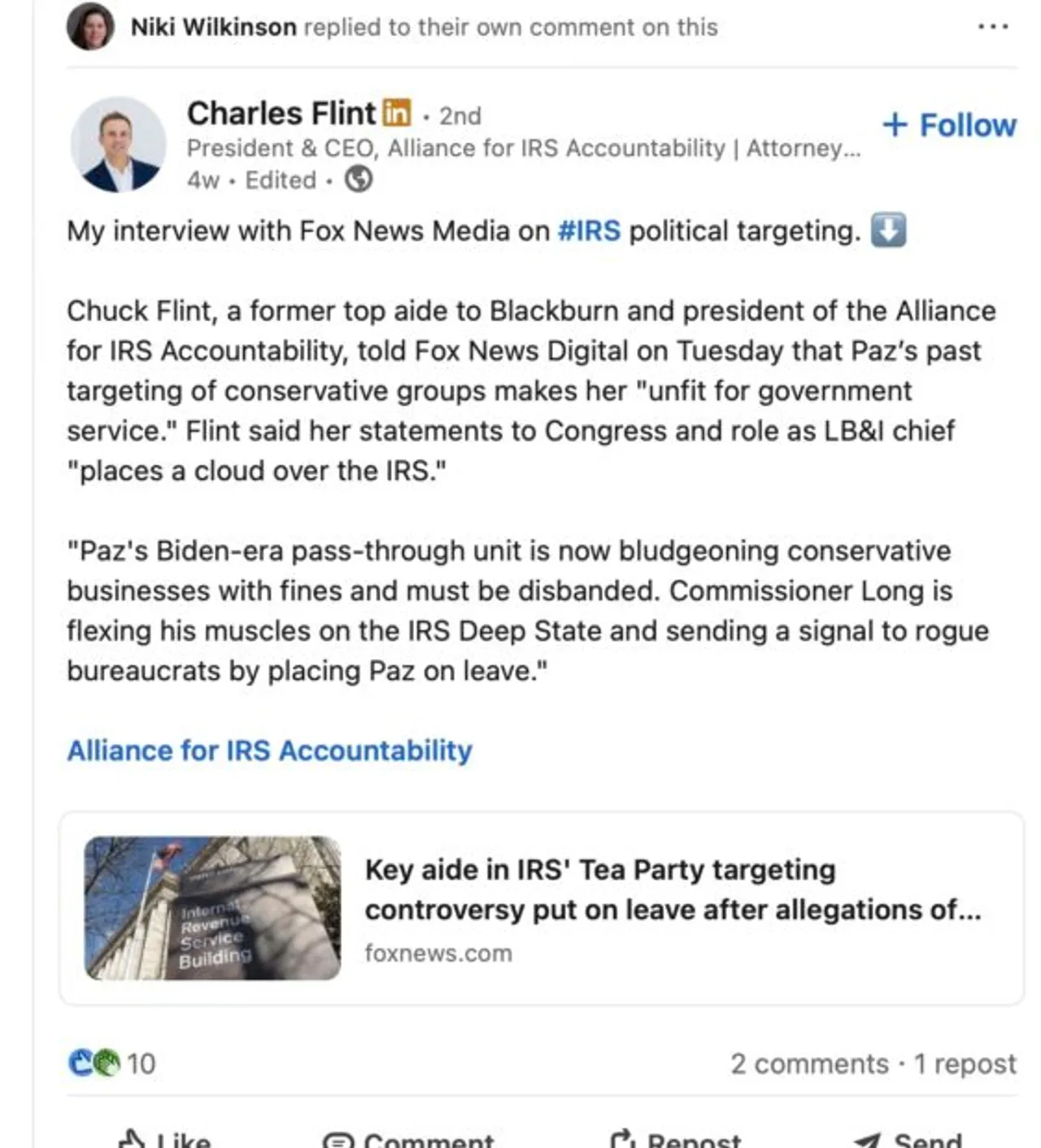 Chuck Flint’s LinkedIn post discussing his Fox News interview on Holly Paz and the past targeting of conservative groups.