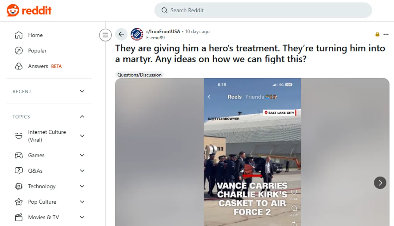 A user in a far-left Reddit forum warns that Turning Point USA founder Charlie Kirk's assassination has made him a "martyr" on Sept. 12, 2025. (Image credit: Reddit)