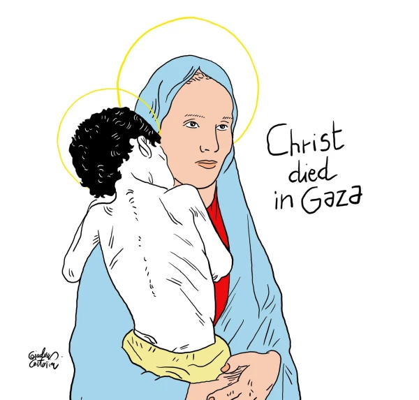 The Priests Against Genocide network adopted a logo created by artist Gianluca Costantini bearing the English phrase: “Christ died in Gaza.” The drawing is inspired by a real image of a Palestinian mother mourning her deceased son, Mohammed Zakaria. Credit: Priests Against Genocide
