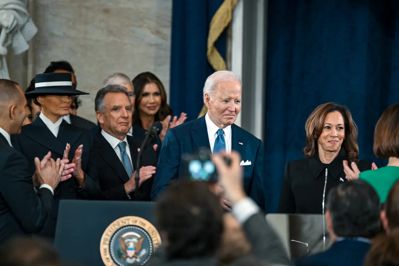 WASHINGTON, DC - JANUARY 20: U.S. President Joe Biden and Vice President Kamala Harris arrive for the inauguration of U.S. President-elect Donald Trump in the U.S. Capitol Rotunda on January 20, 2025 in Washington, DC. (Photo by Kenny Holston-Pool/Getty Images)