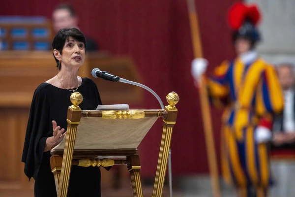 Diane Foley, mother of the late American journalist James Foley, gives her testimony at the Jubilee of Consolution prayer vigil celebrated by Pope Leo XIV on Sept. 15, 2025, in St. Peter's Basilica at the Vatican. Credit: Daniel Ibáñez/EWTN News