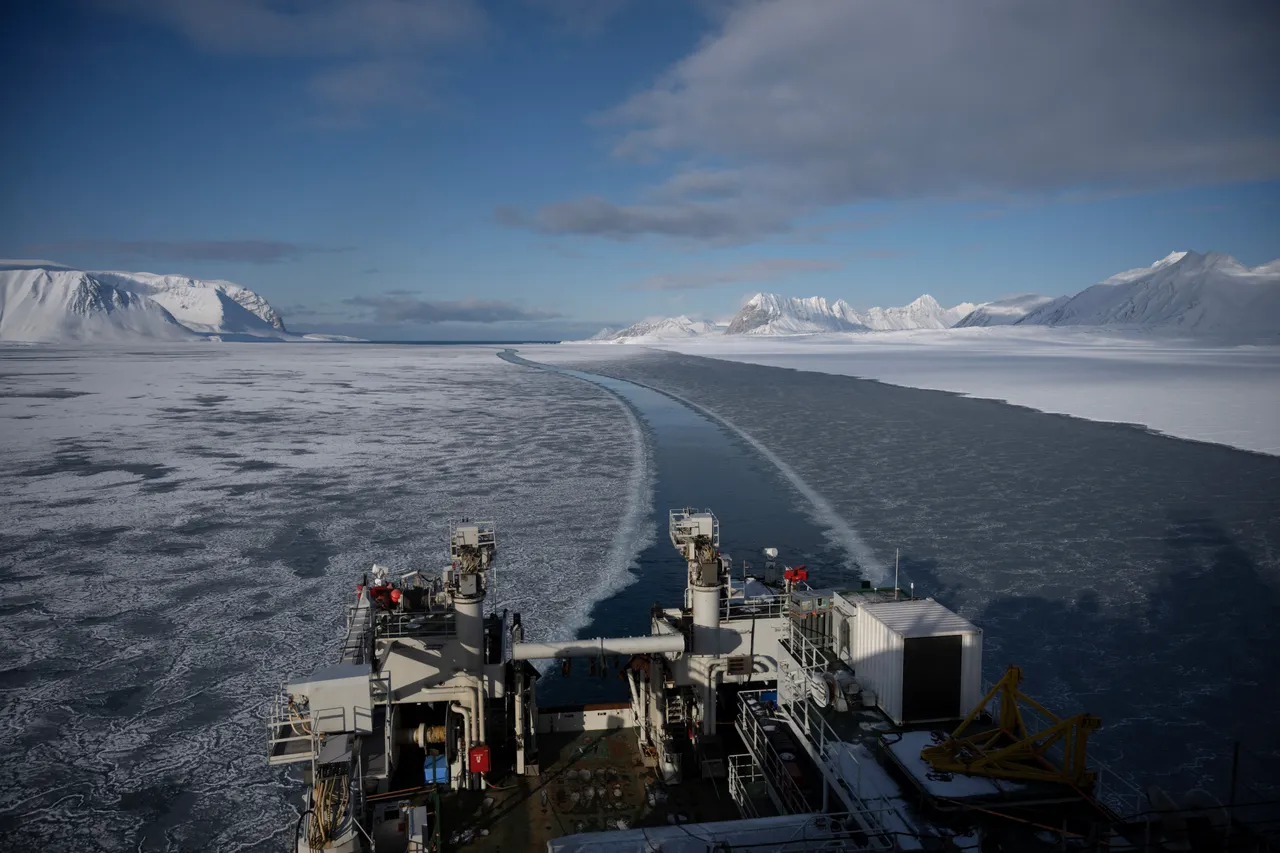 The icebreaker research vessel Kronprins Haakon sails through the sea ice, in eastern Spitzbergen, in the Svalbard archipelago, on April 6, 2025. The Norwegian Polar Institute, an Arctic research organisation, organised a five-week expedition aboard the high-tech research vessel and icebreaker Kronprins Haakon to collect adipose tissue biopsies and blood samples from polar bears in order to study the impact of pollutants on their health.(Photo by OLIVIER MORIN/AFP via Getty Images)