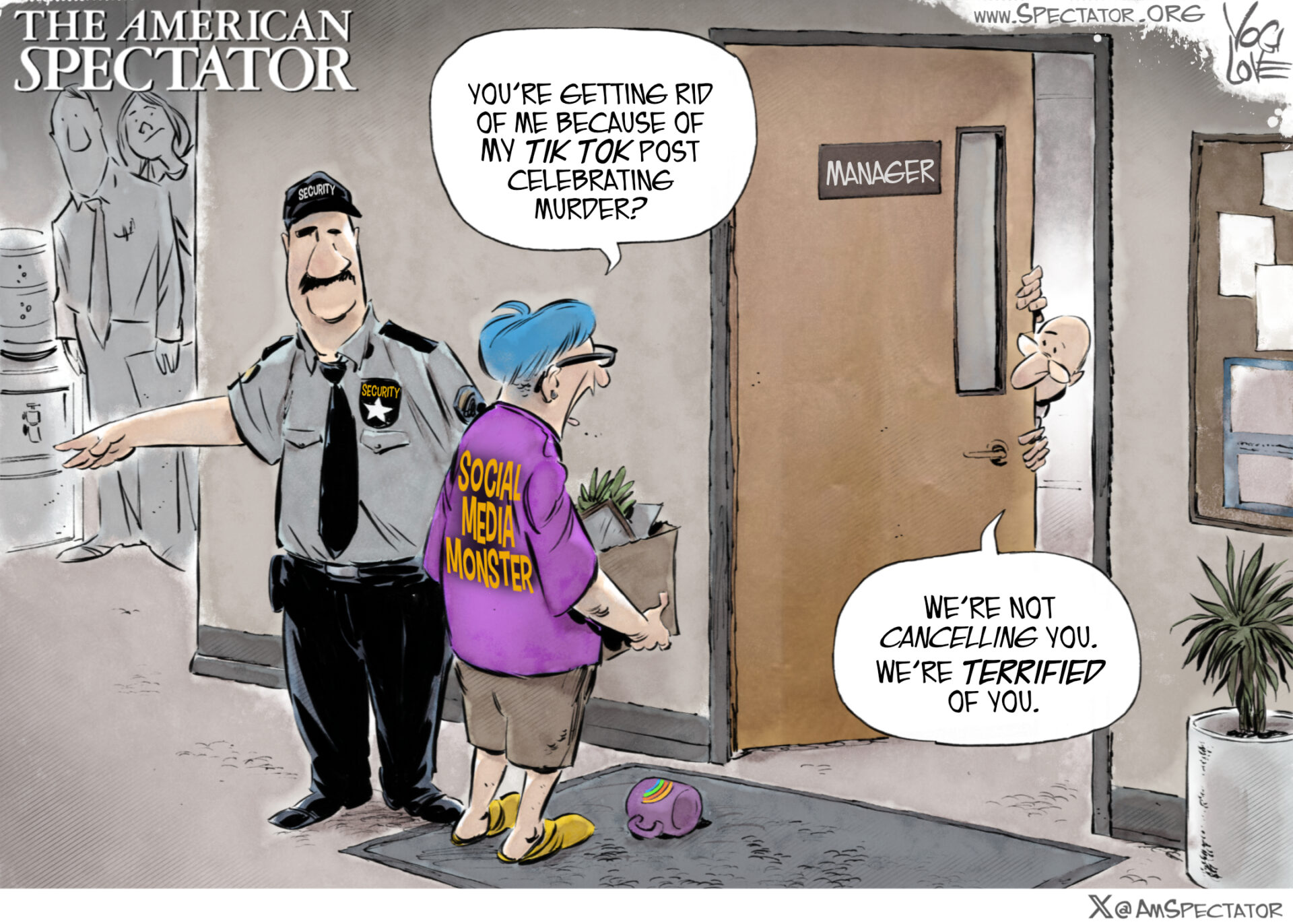 Cartoon about social media influence and fear of cancellation.