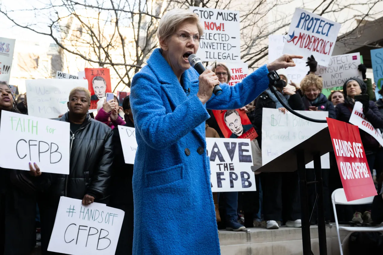 US Senator Elizabeth Warren, Democrat of Massachusetts, speaks during a protest against US President Donald Trump and DOGE Elon Musk's anticipated plan to close the Consumer Financial Protection Bureau in front of the CFPB headquarters in Washington, DC, February 10, 2025. (Photo by SAUL LOEB/AFP via Getty Images)