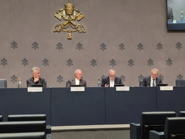 From left, Father Marco Gnavi, Archbishop Fabio Fabene, and Andrea Riccardi give information Sept. 8, 2025, on an ecumenical liturgy to be led by Pope Leo XIV at the Basilica of St. Paul Outside the Walls on Sept. 14, 2025. Credit: Hannah Brockhaus/CNA