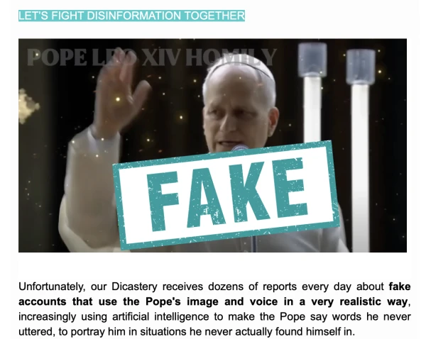 The monthly email newsletter of the Vatican's Dicastery for Communication warns readers about the spread of fake videos of Pope Leo XIV online. Credit: Dicastery for Communication/Screenshot