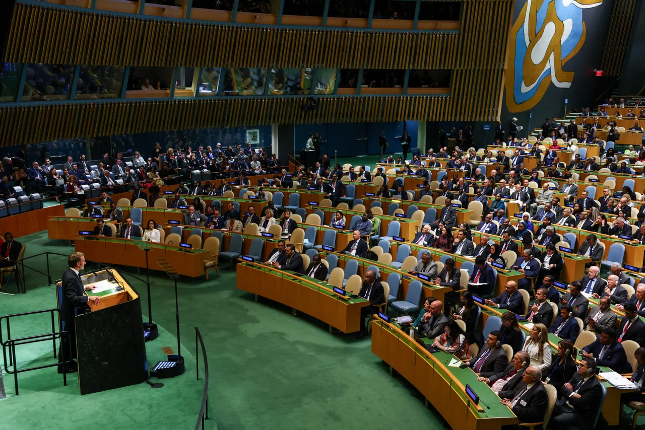TOPSHOT - France's President Emmanuel Macron speaks during a United Nations Summit on Palestinians at UN headquarters during the United Nations General Assembly (UNGA) in New York on September 22, 2025. (Photo by ANGELA WEISS/AFP via Getty Images)